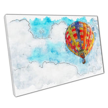 Load image into Gallery viewer, Colourful Hot Air Balloon Canvas Wall Art - Mid-Flight in Cloudy Sky Watercolour Print for Home or Office Decor - Print Store