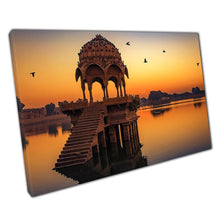 Load image into Gallery viewer, Ancient Temple Ruins Canvas Wall Art at Sunrise over Gadi Sagar Lake Jaipur Rajasthan Serene Home Office Decor - Print Store