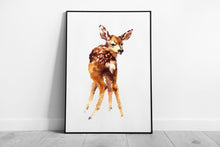 Load image into Gallery viewer, Watercolor Baby Deer Fawn Wall Art Print - Textured Woodland Wildlife Illustration in Frame - Print Store