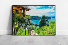 Load image into Gallery viewer, Woman Standing Outside Treehouse Home Exotic Tropical Location Rich Blue Waters Wall Art Print on Paper Framed Picture print - Print Store