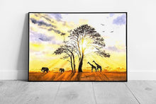Load image into Gallery viewer, Wall Art Print Giraffes Elephants at Dawn Under Tree in African Grasslands - Print Store