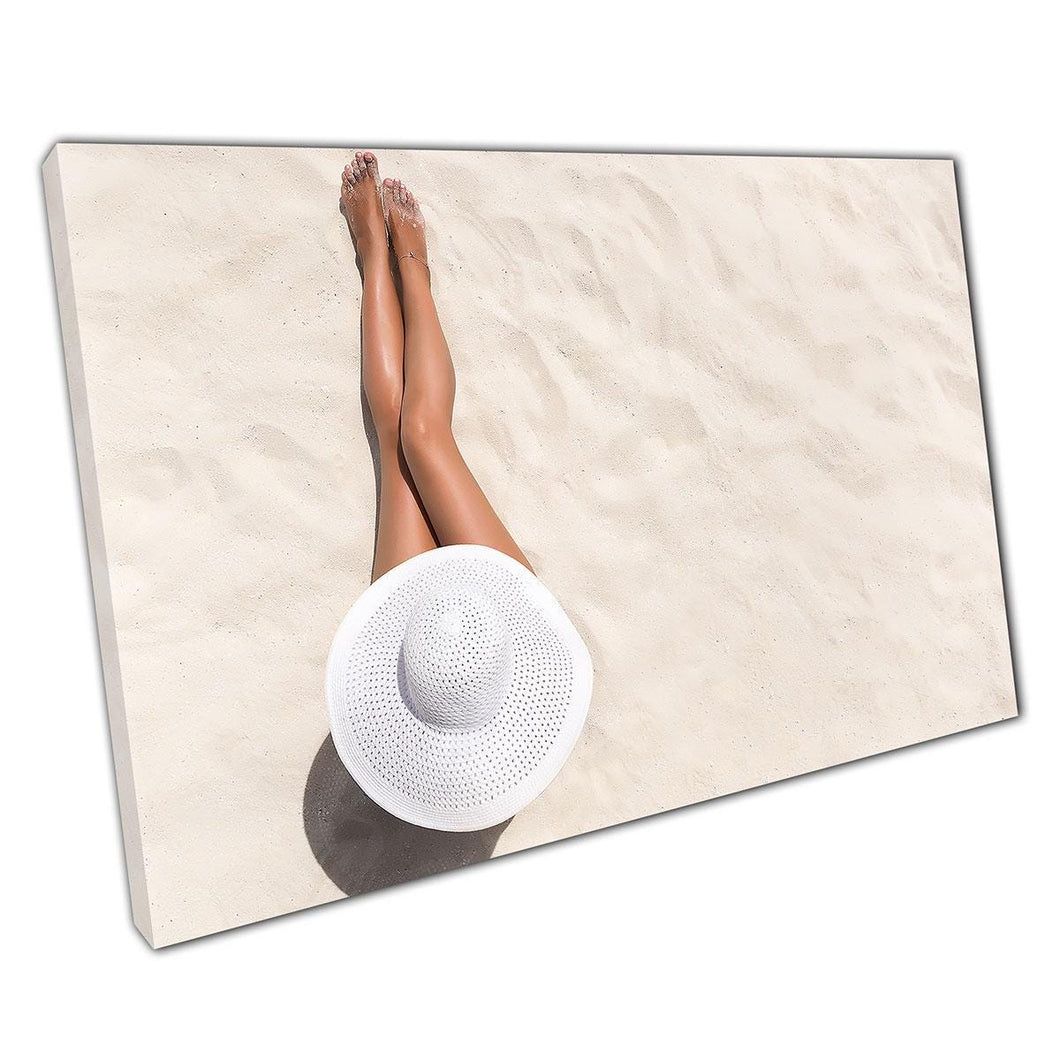 Aerial Beach Wall Art  Woman Tanning in White Hat  Canvas Print for Home Office Decor - Print Store