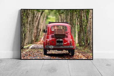 Vintage Red Fiat 500 Autumn Drive Wall Art Print - Framed Picture Ready to Hang - Print Store