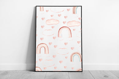 Whimsical Watercolor Rainbow Hearts Wall Art: Pink-Toned Nursery Decor for Kids' Room - Print Store