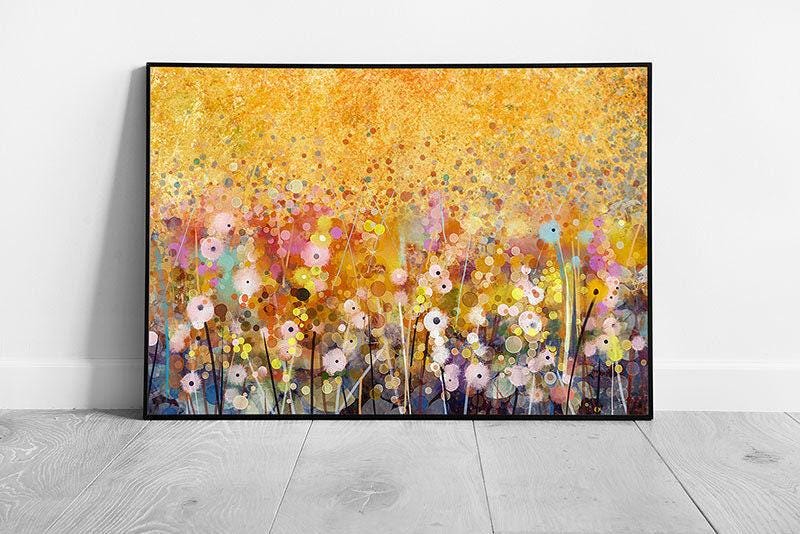 Abstract Floral Wall Art Print - White Flowers under Golden Sky - Framed Picture Decor - Print Store