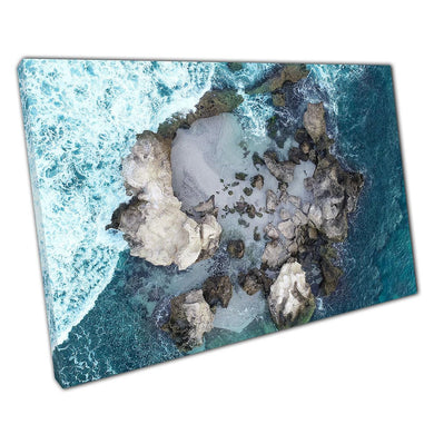 Aerial Seascape Canvas: Wild Waves Crashing on Rocky Shore - Coastal Home Office Wall Art Decor - Print Store