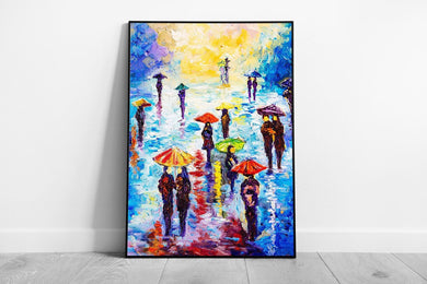 Abstract Colourful Rainy Night People Sheltering Under Umbrellas Wall Art Print on Paper Framed Picture print - Print Store