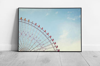 Vintage Red Ferris Wheel Wall Art Print  Framed Fairground Ride Decor Against Blue Sky - Print Store
