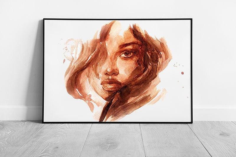 Watercolour Womans Face Art Print  Framed Brown Copper Tones Wall Decor - Print Store