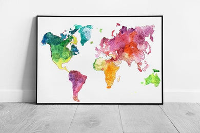 Vibrant Watercolor World Map Wall Art Print: Colorful Framed Illustration for Home Decor - Print Store