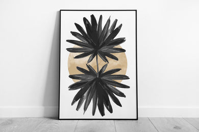 Abstract Floral Minimalist Wall Art: Soft Golden Circle & Dark Shapes Neutral Tone Home Decor Print - Print Store