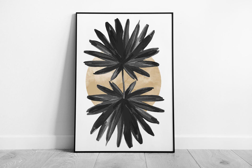 Abstract Floral Minimalist Wall Art: Soft Golden Circle & Dark Shapes Neutral Tone Home Decor Print - Print Store