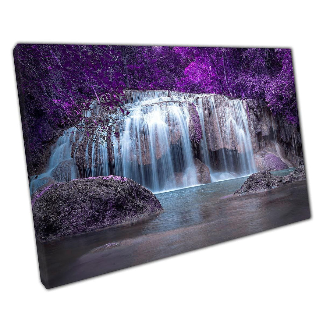Enchanting Woodland Waterfall Canvas Art Print: Mystical Purple Foliage for Home & Office Decor - Print Store