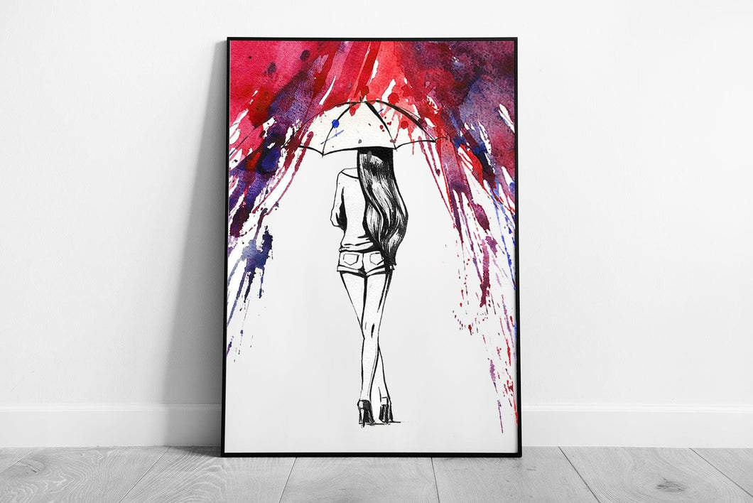 Watercolour Young Lady in Red rain with Umbrella Ready to Hang Wall Art Print Framed Picture print - Print Store