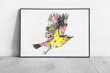 Load image into Gallery viewer, Yellow  Black Bird in Pink Cherry Blossoms Watercolour Wall Art Print Framed Decor - Print Store
