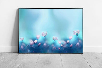 White Primrose Flowers in Blue Toned Meadow  Romantic Floral Wall Art Print  Framed  Picture Print - Print Store