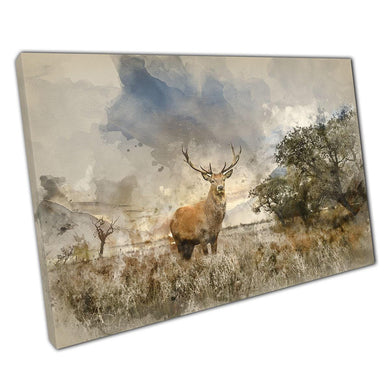 Red Stag Male Deer Rustic Watercolour Canvas Wall Art for Home Office Decor - Print Store