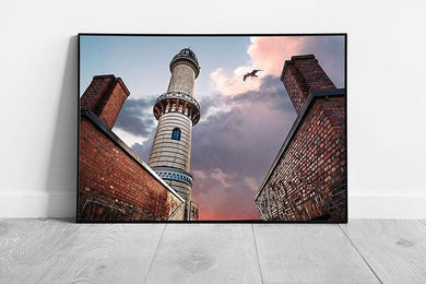 Weathered Lighthouse Wall Art Print - Dramatic Fiery Sky  Seagull - Framed Picture Decor - Print Store