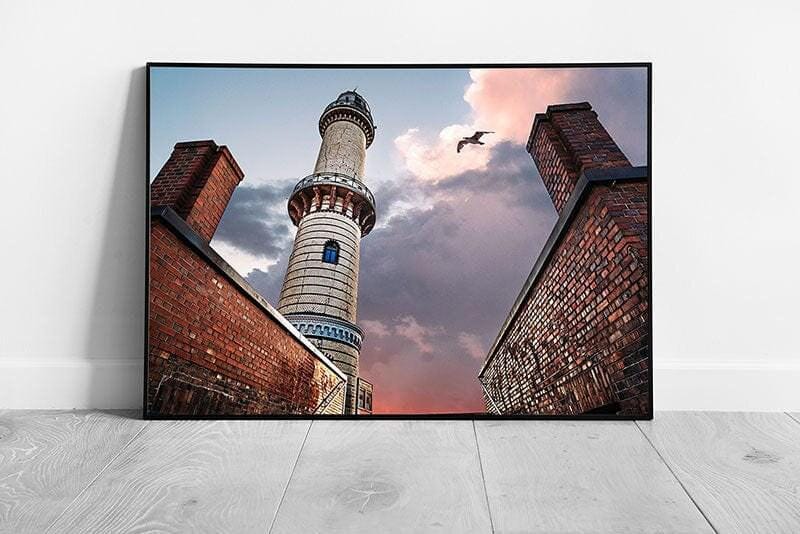 Weathered Lighthouse Wall Art Print - Dramatic Fiery Sky  Seagull - Framed Picture Decor - Print Store