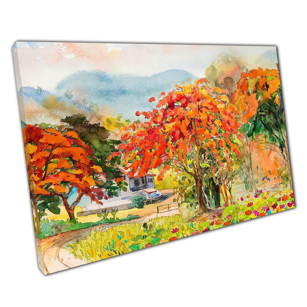 Autumn Park Path Canvas Art Print  Orange Red Yellow Trees  Peacock Flowers  Home Office Decor - Print Store