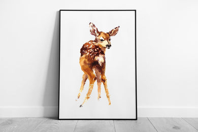 Watercolor Baby Deer Fawn Wall Art Print - Textured Woodland Wildlife Illustration in Frame - Print Store