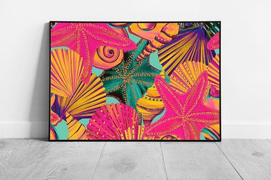 Vibrant Seashell and Starfish Collage: Framed Ocean-Inspired Wall Art Print for Coastal Decor - Print Store