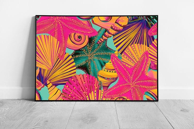 Vibrant Seashell and Starfish Collage: Framed Ocean-Inspired Wall Art Print for Coastal Decor - Print Store