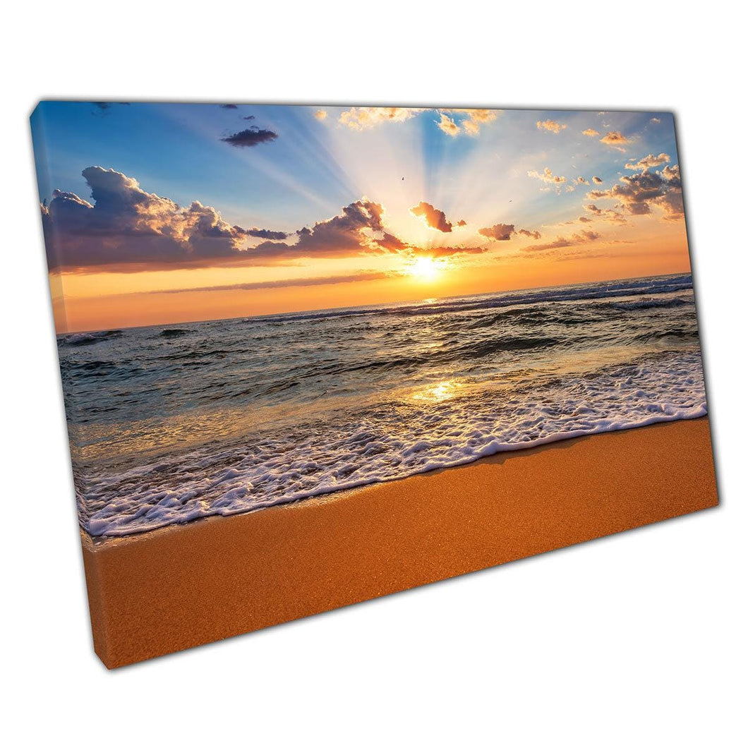 Beach Sunrise Wall Art Print - Sunrays Through Clouds Over Ocean  Golden Sandy Beach Decor for Home  Office - Print Store
