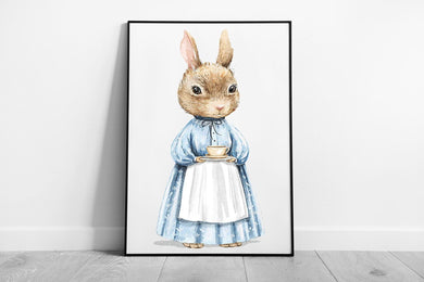 Vintage Watercolor Bunny in Blue Dress - Framed Nursery Wall Art Print, Whimsical Animal Illustration - Print Store