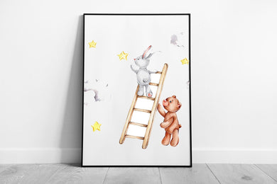 Whimsical Watercolor Teddy Bear & Bunny Art Print - Framed Nursery Decor for Kids Room - Print Store