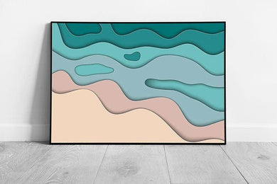 Abstract Beach Seascape Digital Paper Cut Layered Wall Art Print Framed Contemporary Décor - Print Store