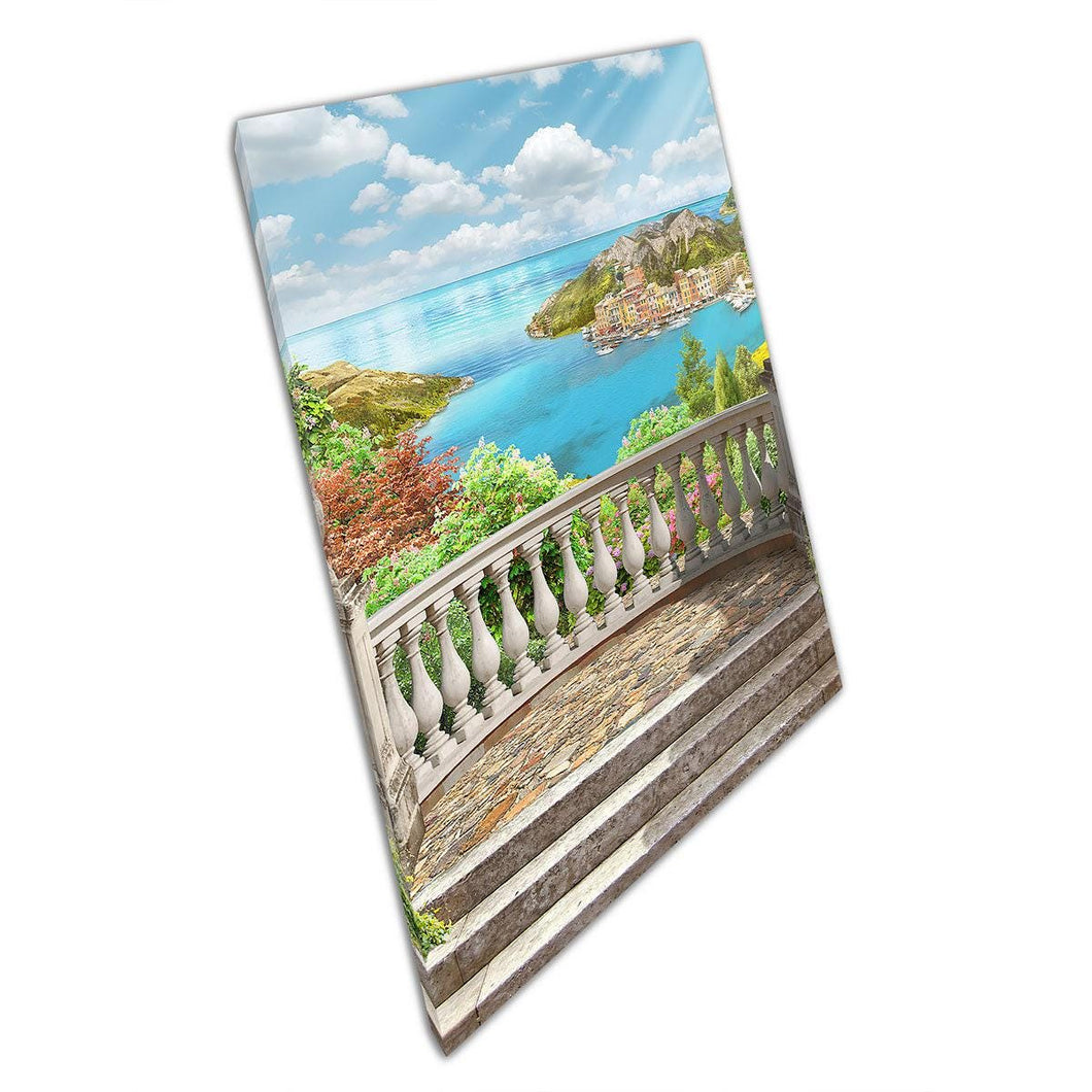Balcony View Over Foliage  Clear Blue Sea Canvas Wall Art Print for Home Office Decor - Print Store