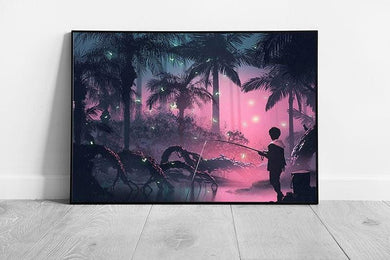 Whimsical Boy Fishing in Pink Tropical Swamp - Fantasy Digital Art Print for Kids Room Decor - Print Store