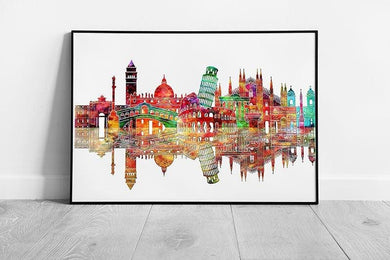 Watercolor Italy Landmarks Skyline Framed Wall Art Print - Print Store