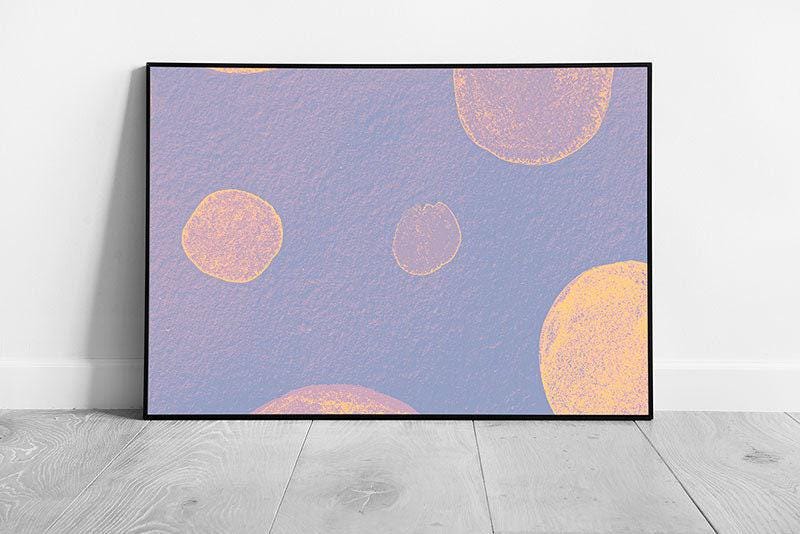 Abstract Framed Wall Art: Peach Circles on Purple Background - Decorative Paper Print for Home Decor - Print Store