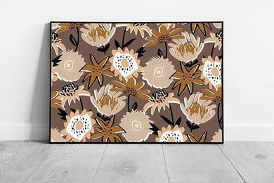 Abstract Brown Beige Minimalist Toned Retro Style Flowers Floral Pattern Wall Art Print on Paper Framed Picture print - Print Store