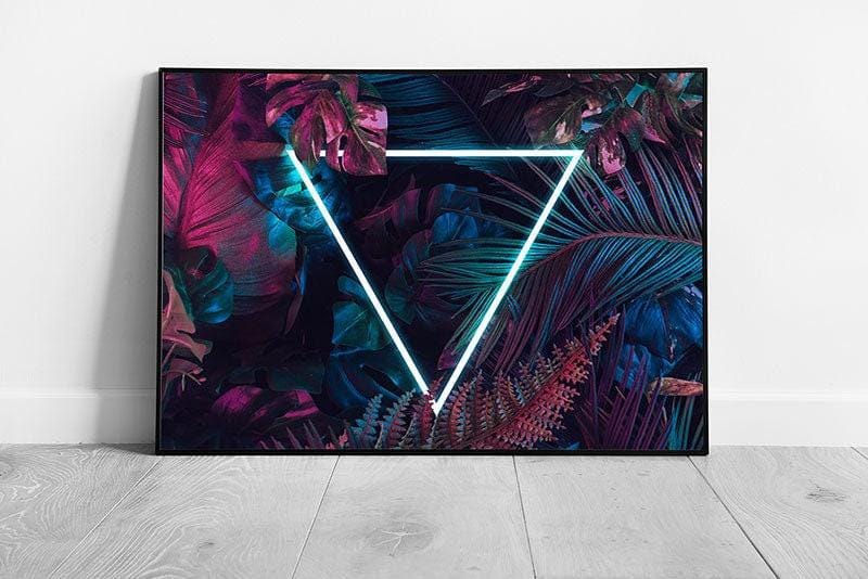 Vibrant Tropical Jungle Wall Art Framed Pink  Teal Triangle Print with Exotic Foliage - Print Store