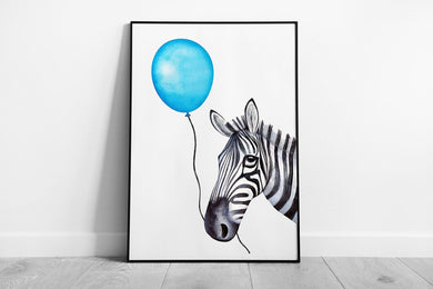 Whimsical Zebra with Blue Balloon Watercolor Print - Framed Wall Art for Celebrations & Decor - Print Store