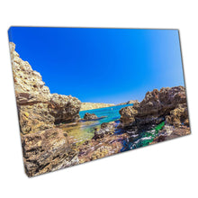 Load image into Gallery viewer, Blue Seascape Canvas Art Print Large Rocks at Hoclahoura Beach Leipsoi Island Greece Home Decor - Print Store
