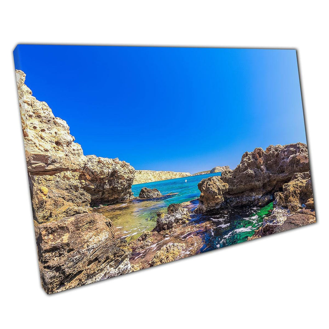 Blue Seascape Canvas Art Print Large Rocks at Hoclahoura Beach Leipsoi Island Greece Home Decor - Print Store