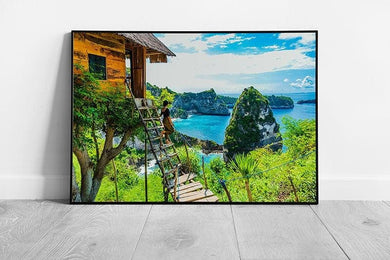 Woman Standing Outside Treehouse Home Exotic Tropical Location Rich Blue Waters Wall Art Print on Paper Framed Picture print - Print Store