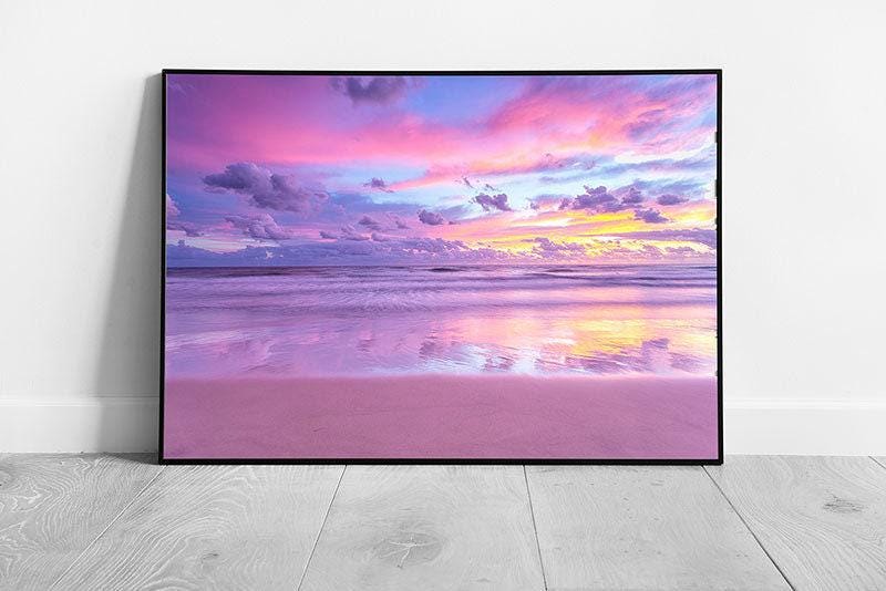 Beach Sunrise Wall Art Print - Cotton Candy Pink  Purple Clouds Seascape - Framed Picture Decor - Print Store
