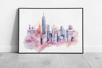 Watercolor Cityscape Wall Art Print - Framed Pink Purple Pastel Hues Decor - Print Store