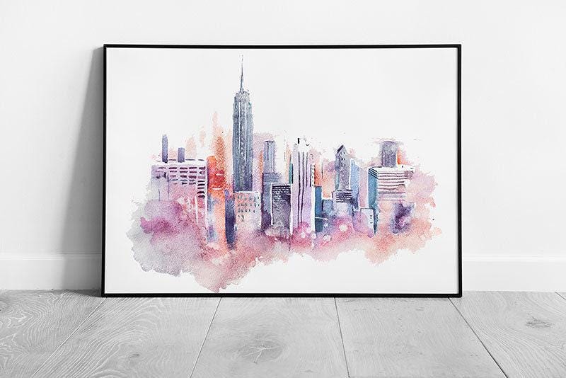 Watercolor Cityscape Wall Art Print - Framed Pink Purple Pastel Hues Decor - Print Store