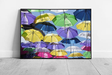 Abstract Floating Umbrellas Wall Art Print Colorful Street Art Installation Framed Picture - Print Store