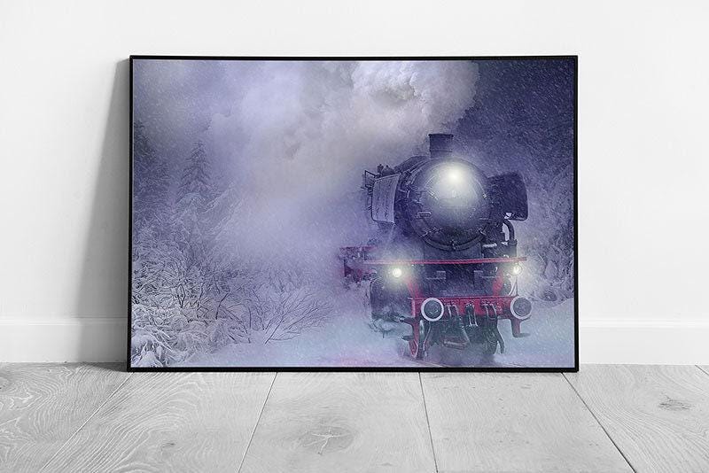 Winter Train Wall Art - Framed Print of a Train Approaching the Mist - Print Store