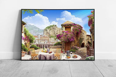 Vintage European Cityscape Framed Wall Art: Ancient Street with Lush Foliage Print for Home Decor - Print Store