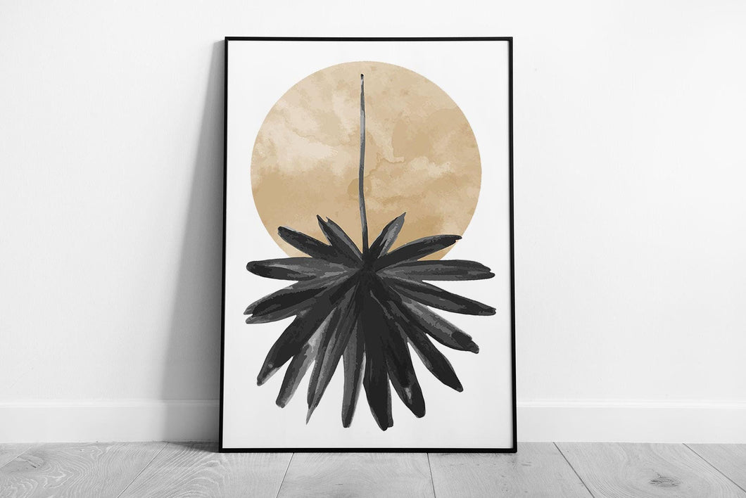 Abstract Floral Wall Art Print - Minimalist Golden Circle  Dark Floral Design - Neutral Tones Framed Picture - Print Store