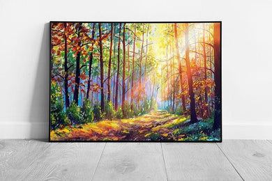 Woodland Forest Oil Painting Wall Art Print Sun-Dappled Trees for Nature-Inspired Home Décor - Print Store