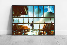 Load image into Gallery viewer, young girl walking in airport lounge looking at the planets Ready to Hang Wall Art Print Framed Picture print - Print Store
